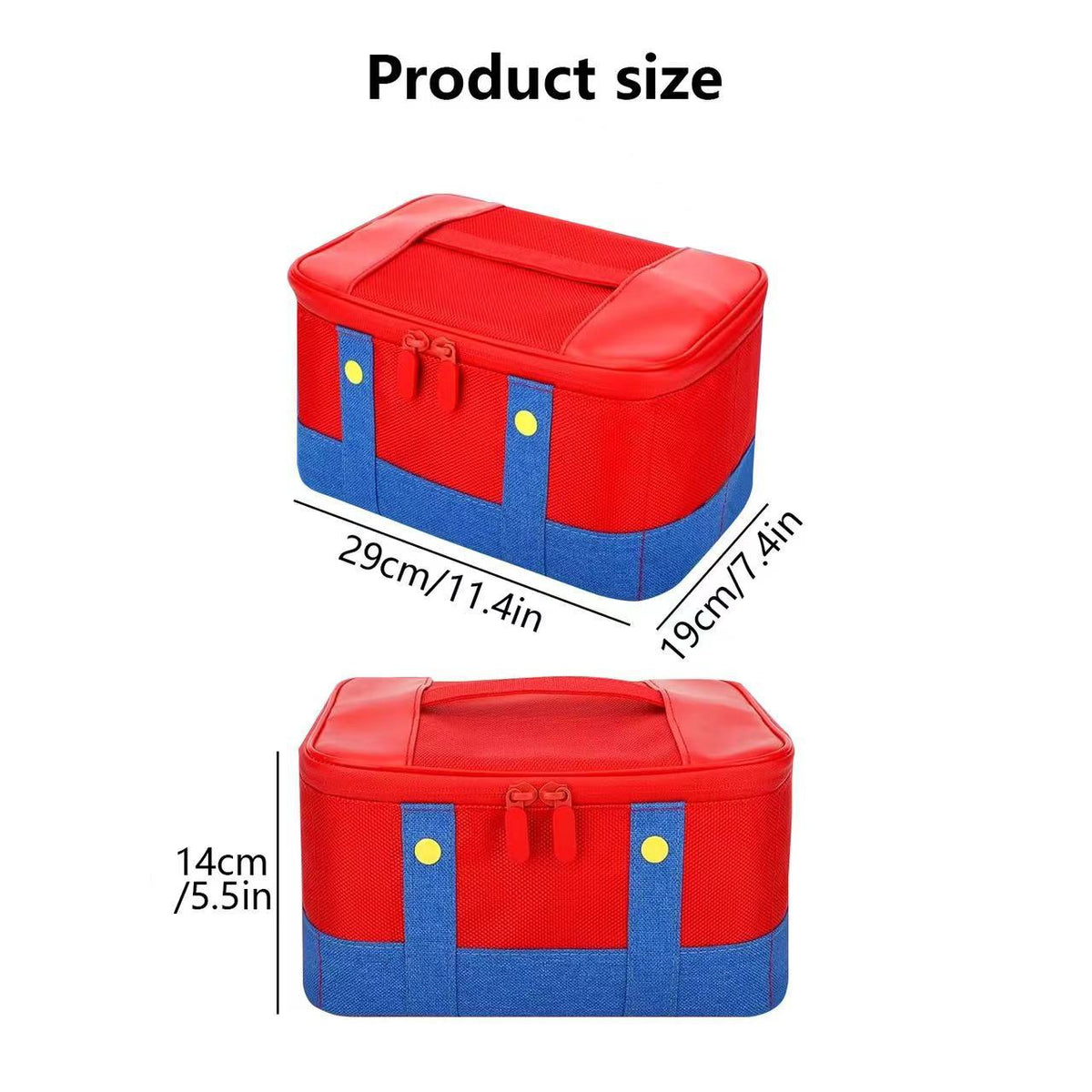 Trekvoy – Red and blue storage bag shown from two angles with size labels of 29cm by 19cm by 14cm