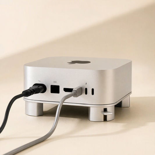 Back view of the Miniperch stand with a Mac Mini, showing power and USB-C cables plugged into the ports