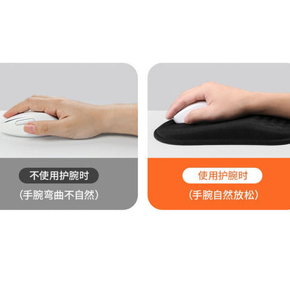 Wristlope – Side-by-side photos of a hand using a white mouse on a desk, without and with the black wrist rest pad