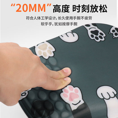 Wristlope – Close-up of a hand pressing the raised bubble wrist cushion on a gray pad with cartoon cat paw prints