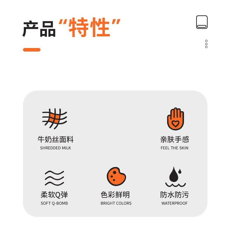 Wristlope – Five feature icons with labels: shredded milk fabric, skin-friendly feel, soft, bright colors, waterproof