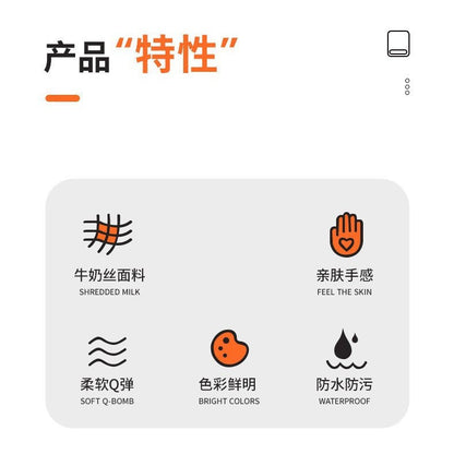 Wristlope – Five feature icons with labels: shredded milk fabric, skin-friendly feel, soft, bright colors, waterproof