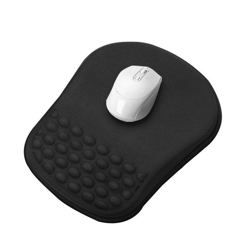 Wristlope – Top view of the black mouse pad with a white mouse and a bubble-textured wrist rest section