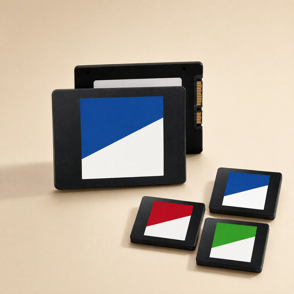 Satadrive 2.5-inch SATA SSD 2TB in blue, shown with the back side and smaller red, blue and green drives