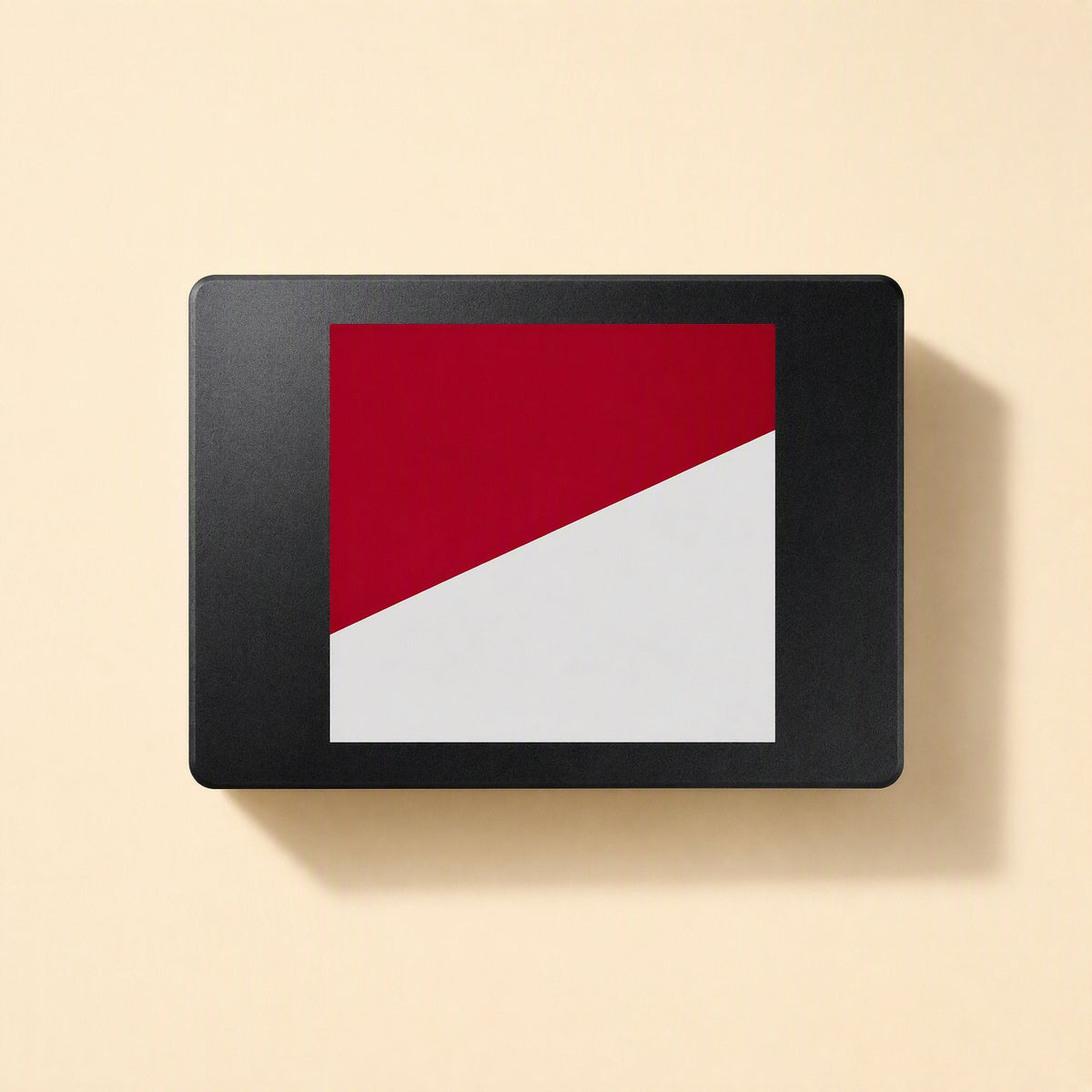 Satadrive 2.5-Inch SATA SSD – black metal-shell SSD with red and white label, top-down view on a cream background