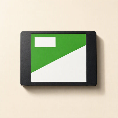 Satadrive 2.5-Inch SATA SSD – green and white label with a small blank rectangle on a black 2.5-inch drive, front view
