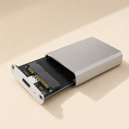Bytehusk enclosure with end panel slid out, exposing the circuit board, mSATA connector and USB-C port