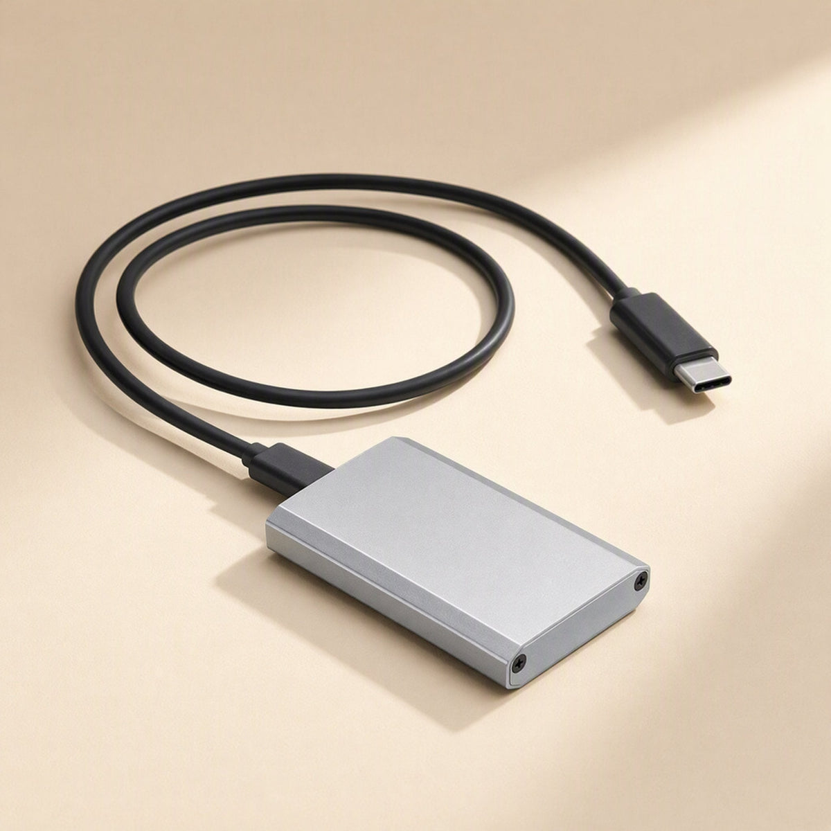 Bytehusk – Silver enclosure lying flat with a black USB-C cable plugged in and coiled beside it