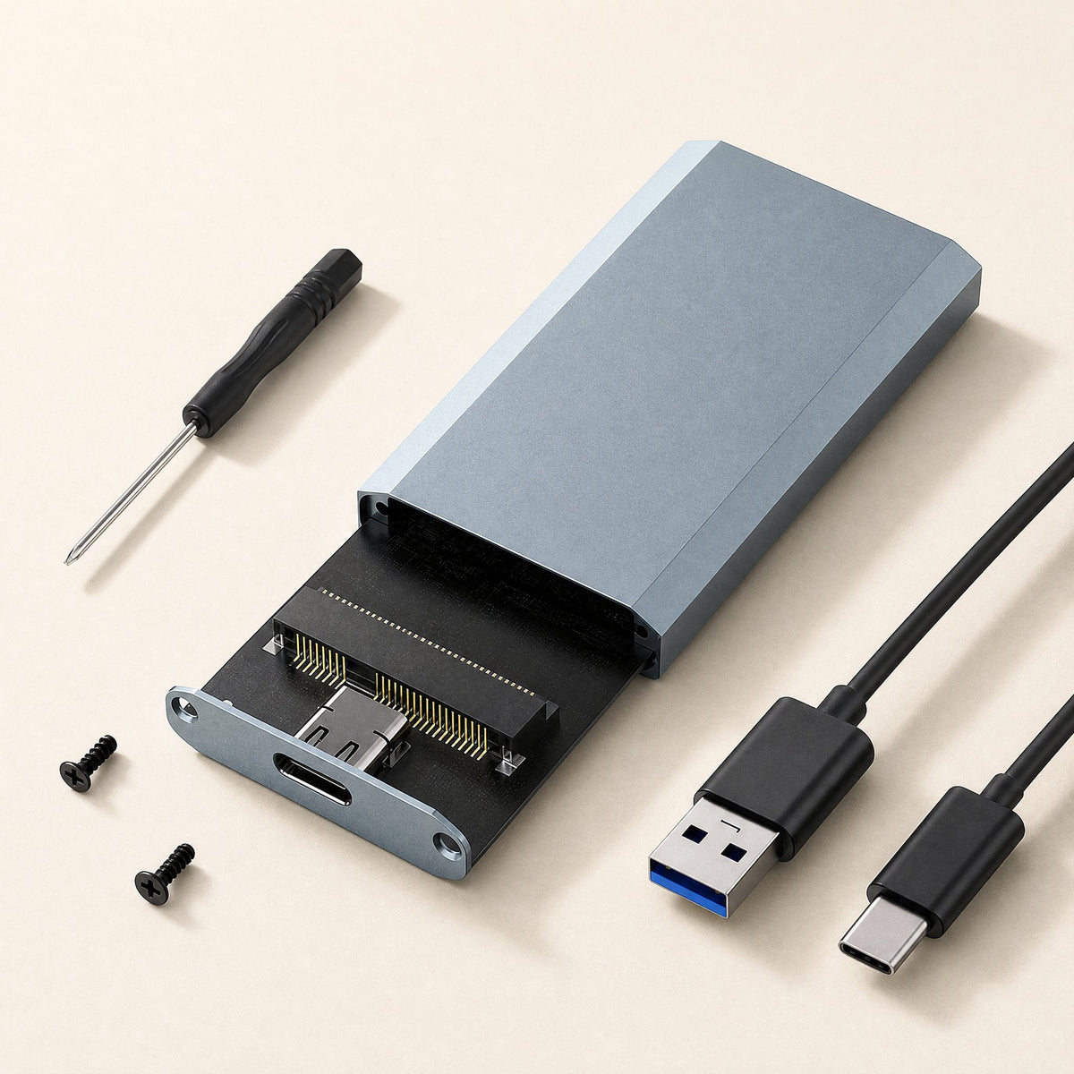 Bytehusk – Enclosure with panel pulled out, next to a USB-A to USB-C cable, small screwdriver and two screws
