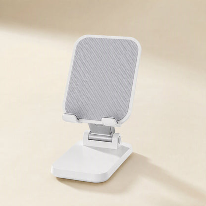 Phonecove Desktop Phone Holder – white folding phone stand with grey textured back plate, front view on a cream background