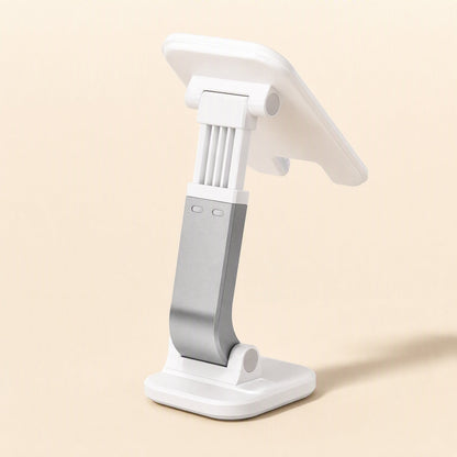 Phonecove – Rear view of the stand extended, with silver metal hinge arm, ribbed white back and round base joint