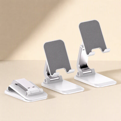 Phonecove Desktop Phone Holder – three white stands side by side: one folded flat and two upright at different heights