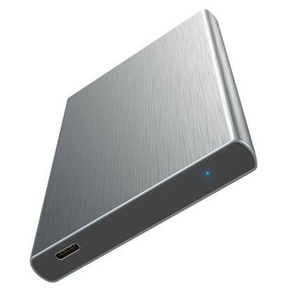 Alumacase – Gray brushed-aluminum drive enclosure at an angle, showing a USB-C port and a small blue indicator light