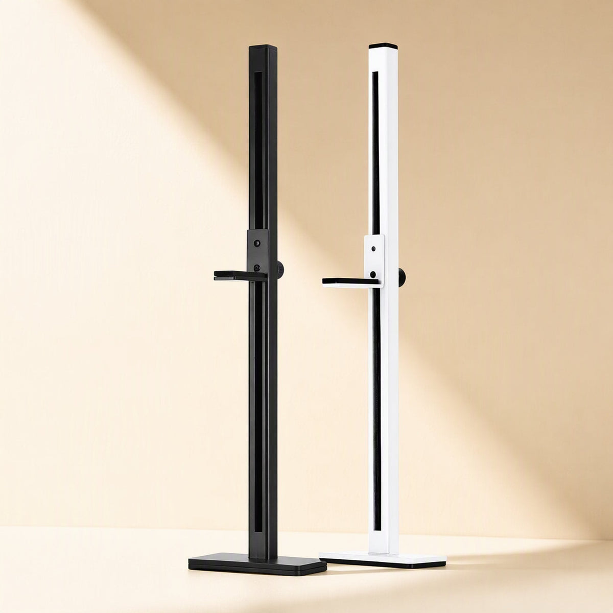 Chipstand Computer Chassis Graphics Card Bracket in black and white, standing upright on a beige backdrop