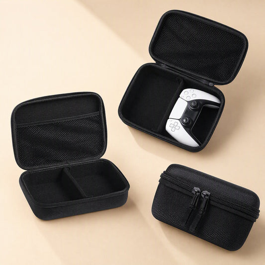 Gamestow – Open black storage bags on beige: one empty, one with a controller, one closed showing double zippers