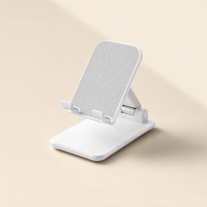 Foldcradle ABS Foldable Phone Stand – white phone stand from the front with a dotted grip surface and a low, angled tilt