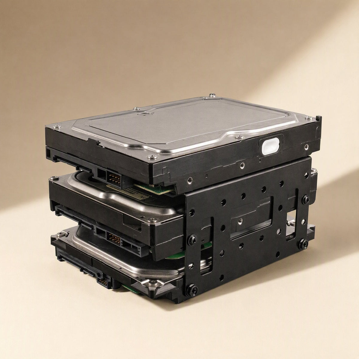 Bayrise – Three 3.5 inch hard drives stacked and screwed into the black bracket, side angle view