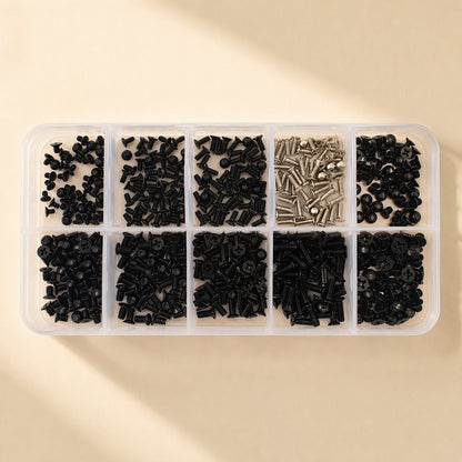 Sinkfast Countersunk Laptop Screws in a clear 10-compartment organizer box, top view on beige background
