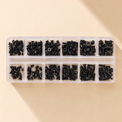 Sinkfast – Black countersunk laptop screws sorted into twelve small compartments in two rows of a clear case