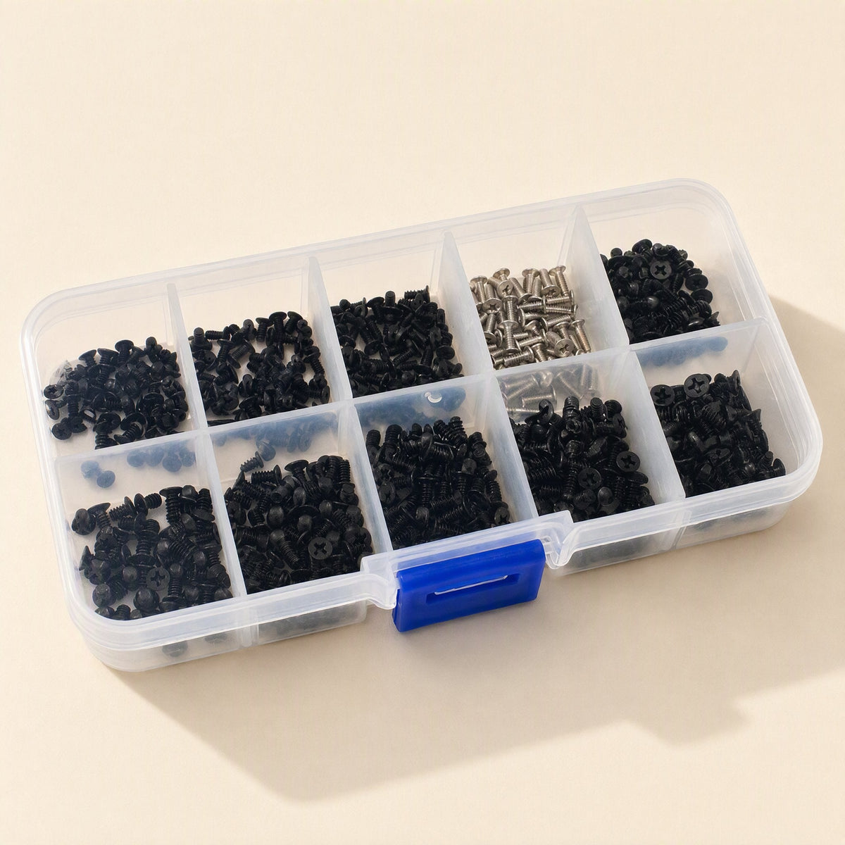 Sinkfast Countersunk Laptop Screws – closed clear screw organizer with blue latch, filled with black and silver laptop screws