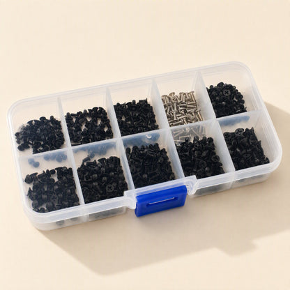 Sinkfast Countersunk Laptop Screws – closed clear screw organizer with blue latch, filled with black and silver laptop screws