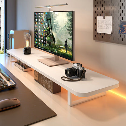 Deskloft Engineered Wood Monitor Stand in white holding a monitor on a desk with a camera and lamp