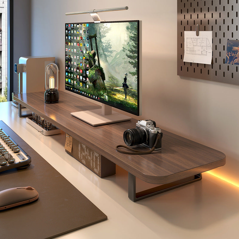 Deskloft – Walnut-brown monitor stand desk organizer with black metal legs, monitor and camera on top