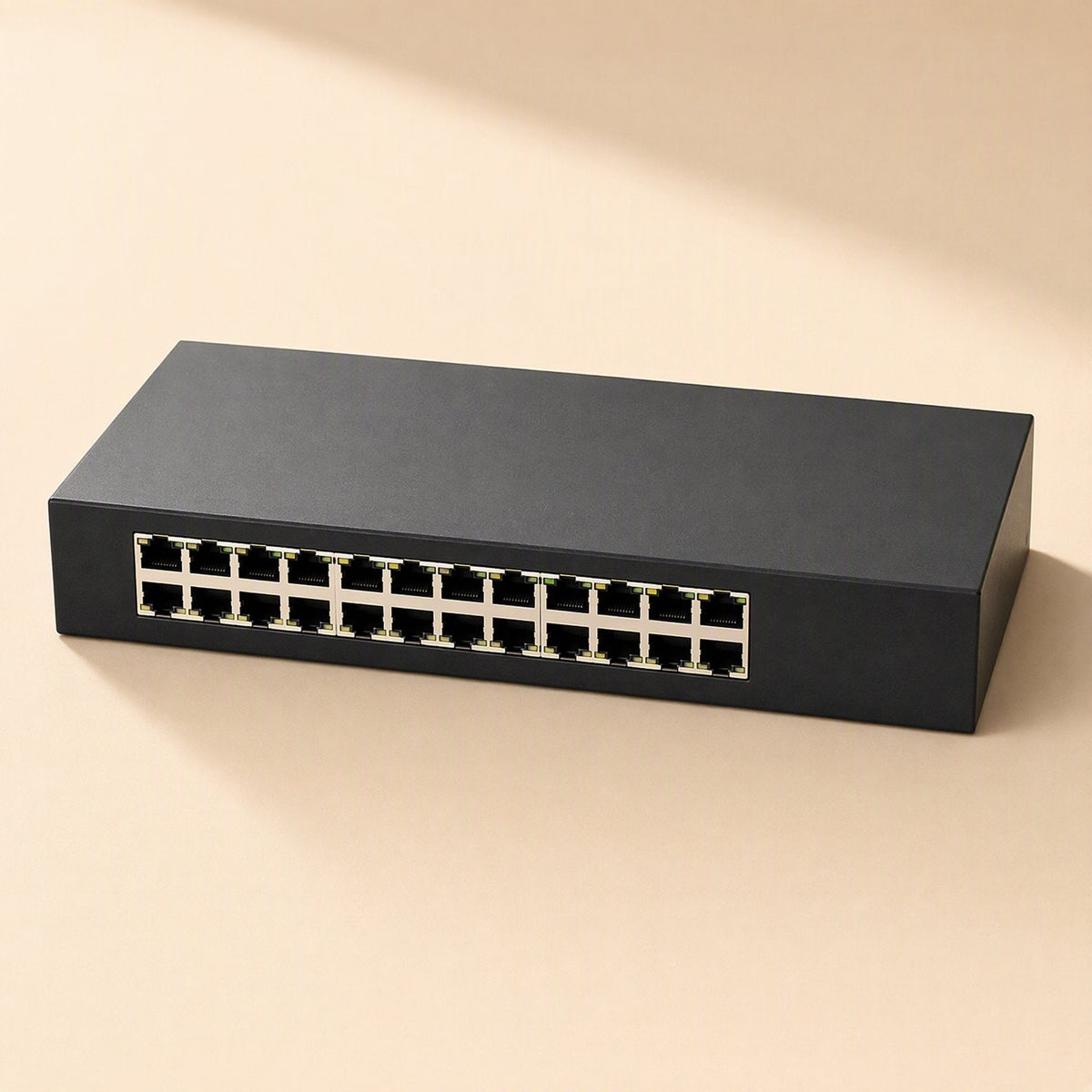 Netfork – Black 24-port desktop switch shown at an angle with two rows of RJ45 ports on a beige background