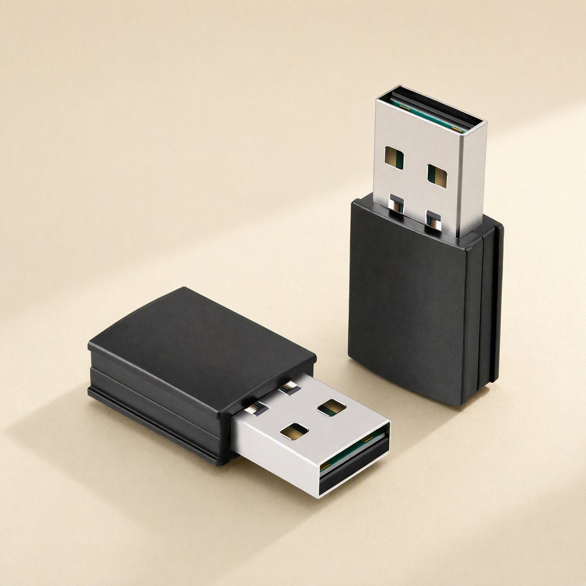 Wavepair USB WiFi 6 network card, two black compact adapters standing on a cream surface