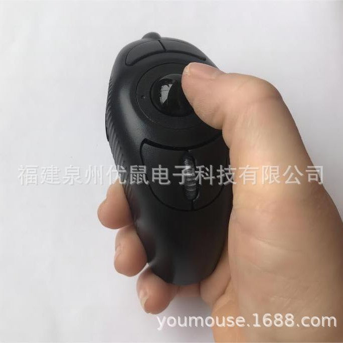 Trackorbit – Hand gripping the black trackball mouse with the thumb resting on the trackball and the scroll wheel visible