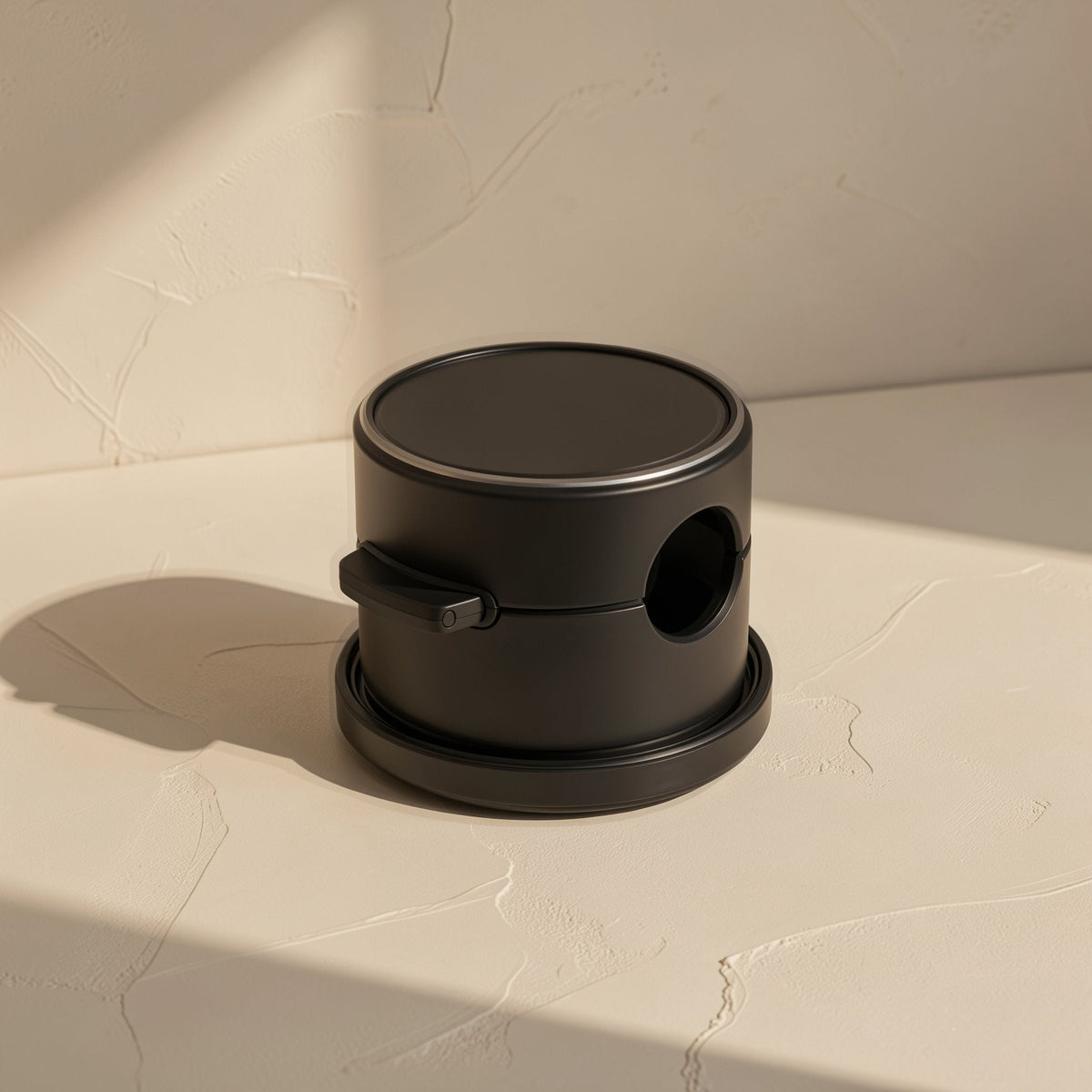 Spinloop – Black round cable holder with a side hole and small handle, on a plaster-textured surface
