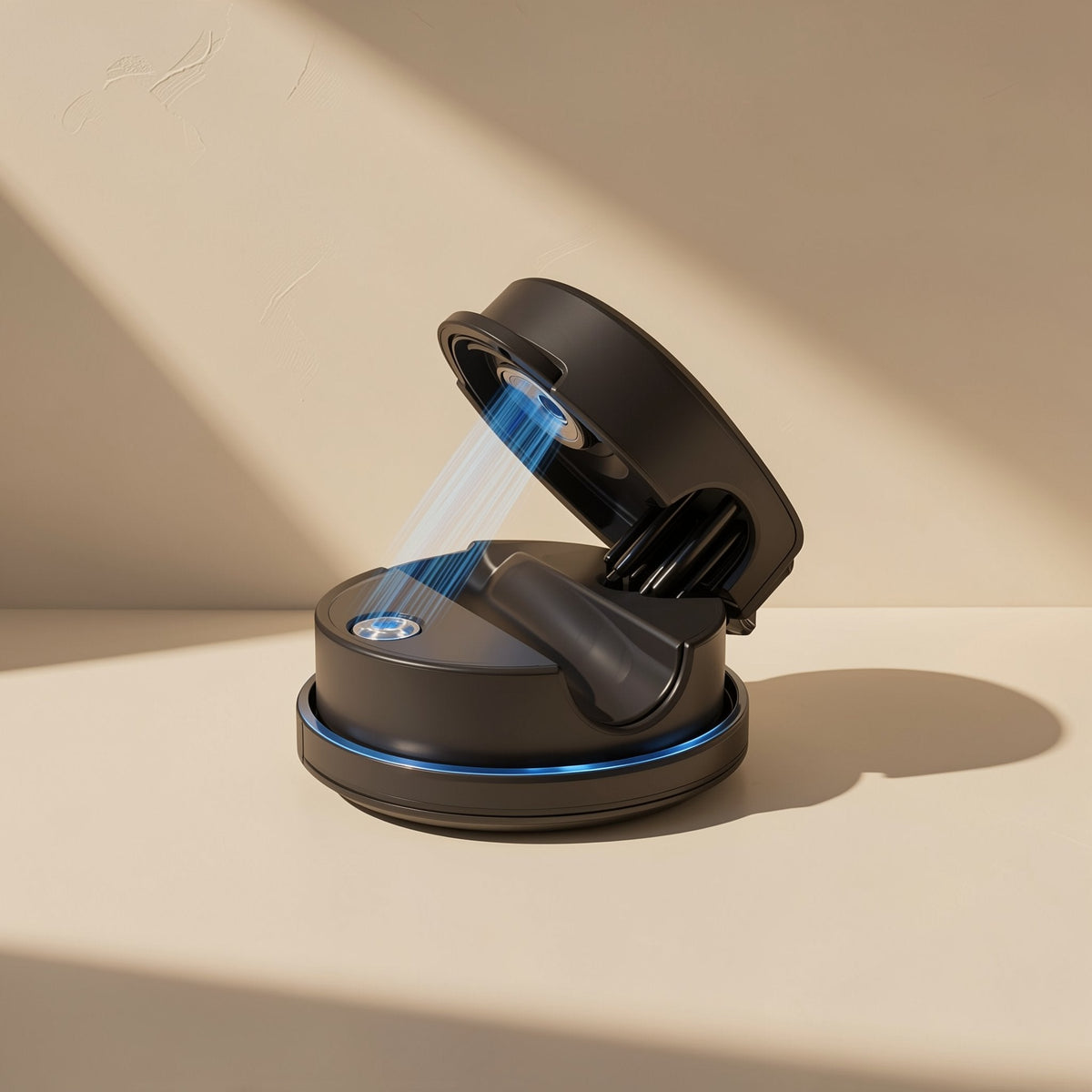 Spinloop – Black round holder with lid open, blue light glowing around the base, on a beige surface