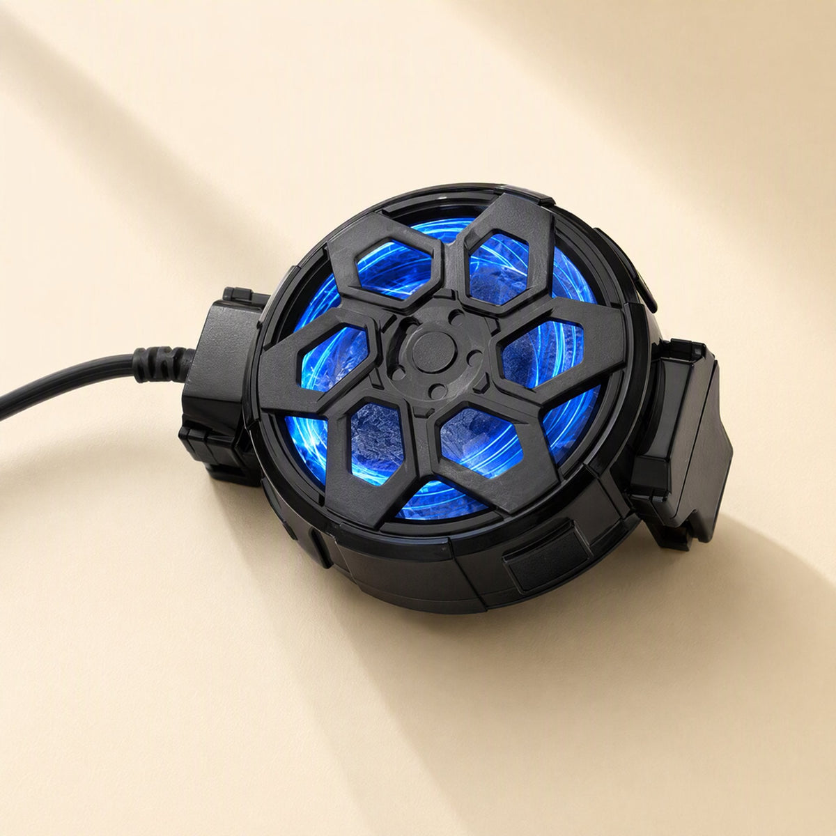 Frostclip USB Mobile Phone Radiator Clip with blue glowing fan, seen from above with cable on the left