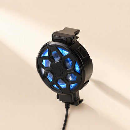 Frostclip – Upright clip with blue light glowing through the grille, spring clamps at top and bottom, cable below