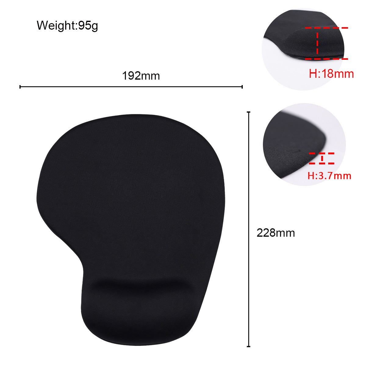 Wristly – Black wrist pad top view with dimensions of 192 by 228 mm, weight 95 g, and edge heights of 18 mm and 3.7 mm