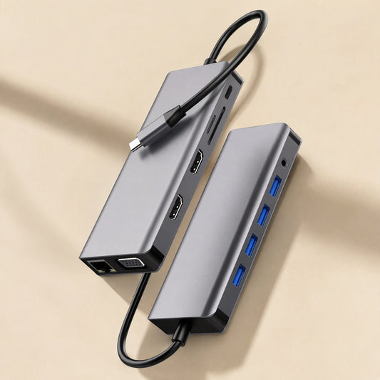 Portdock – Two gray docking station units seen from above showing HDMI, Ethernet, VGA and blue USB ports