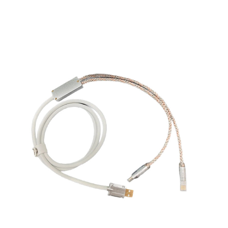 Forkwire – White and silver dual-branch cable coiled on a white background, with a USB-A plug and two connectors