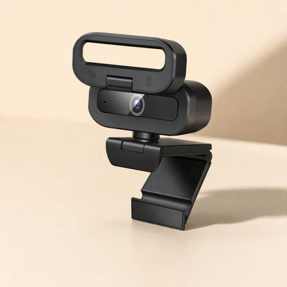 Focussnap USB Computer Camera – black webcam with open ring light frame, seen from the front left on a cream backdrop