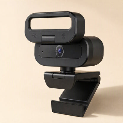 Focussnap USB Computer Camera – close-up of the webcam's blue-tinted lens, microphone dot and light-control icons