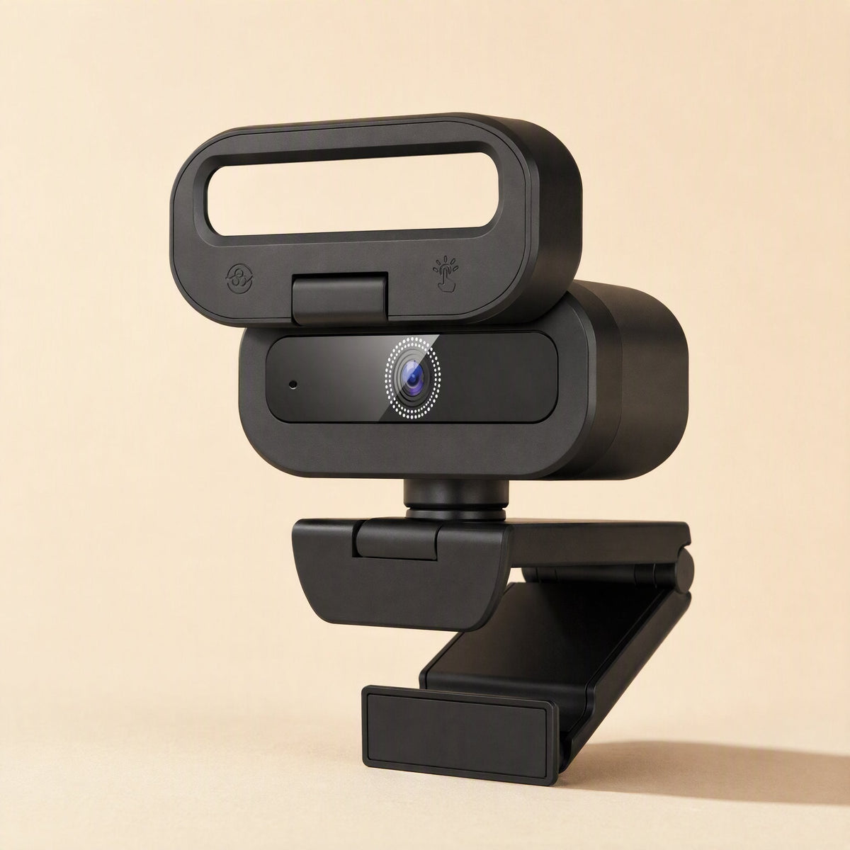 Focussnap – Front view of the black camera with ring light, swivel neck and clip mount on a tan background