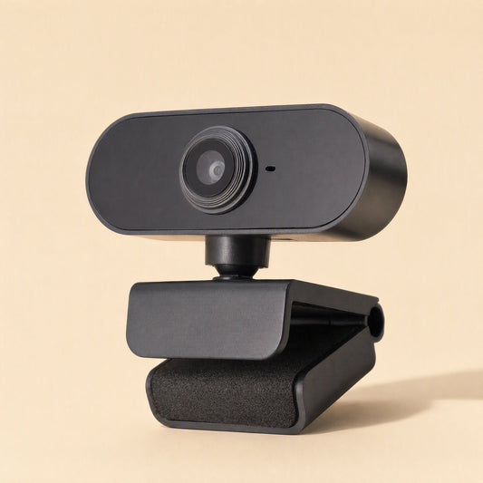 Deskhello – Black webcam with round lens and small microphone dot, shown from a slightly lower angle
