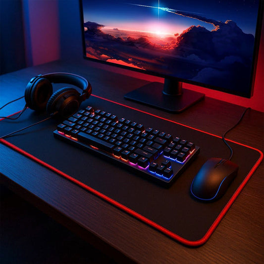 Deskgrip – Black desk mat with red edge under a backlit keyboard, mouse and headphones in front of a monitor