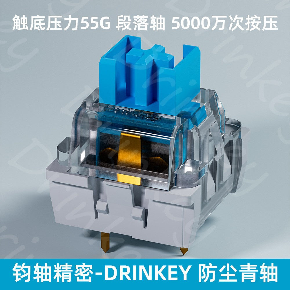 Clicktact mechanical keyboard switch with blue stem and clear housing, text overlay on 55G tactile blue type