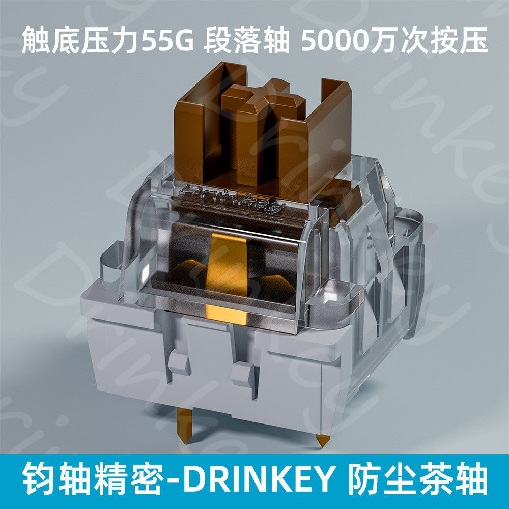 Clicktact – Brown-stemmed tactile switch with clear housing and gold contact, labeled 55G, shown on grey background