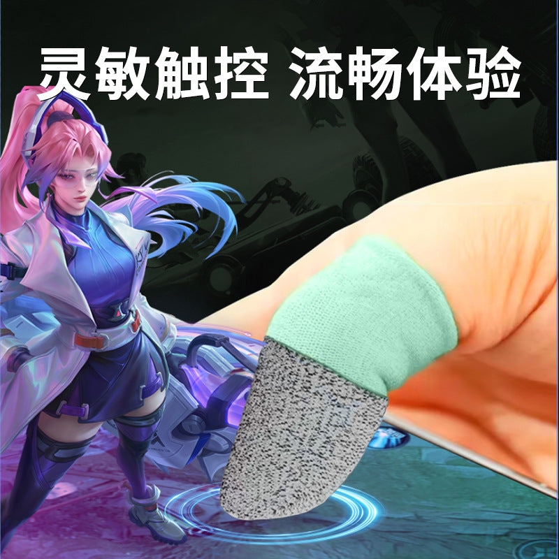 Carbotap carbon fiber mobile game finger cot in mint green and grey on a fingertip beside an anime character
