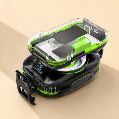 Coolcore – Black and green phone cooler with a see-through upper case, glowing fan ring and fold-out clip on the left