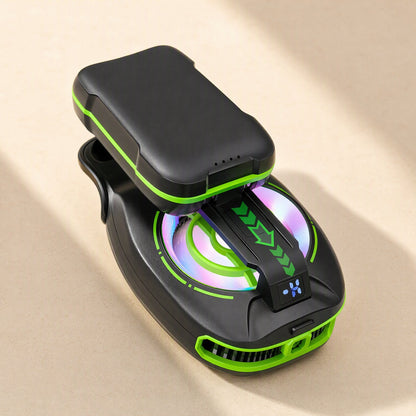 Coolcore – Phone cooler seen from above with a green arrow strap across a rainbow-lit fan and side air vents