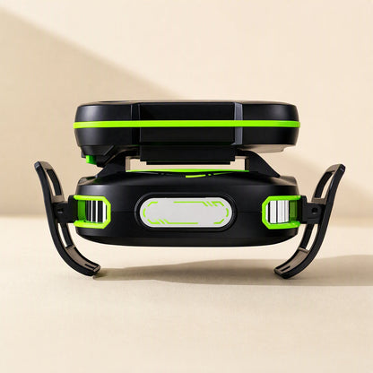Coolcore – Front view of the cooler with two curved clip arms extended and green-framed vents on each side