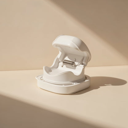 Spinsteady – White cable organizer opened to show the metal spring hinge and cable channel inside its square base
