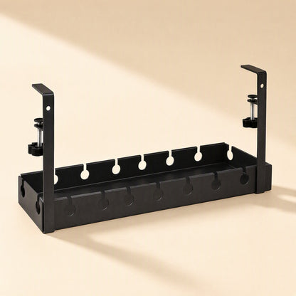 Deskspan Under-Desk Cable Management Rack in black with two clamp brackets, angled view on a cream backdrop